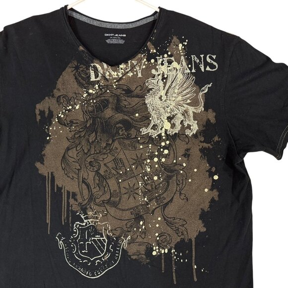 DKNY Jeans Shirt Mens 2XL Black Graphic Crest Griffin Lion Short Sleeve Tee - Picture 2 of 8